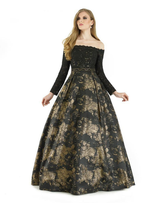 Morrell Maxie - 15942 Lace Off-Shoulder Jacquard Print Ballgown in Black and Gold