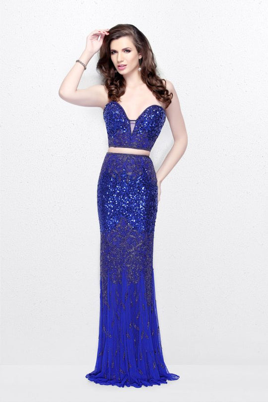 Primavera Couture - Two Piece Sequined Sweetheart Long Sheath Gown 1595 in Blue