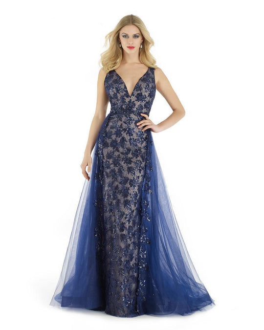 Morrell Maxie - 15962 Lace Embroidered V-neck Dress With Overskirt in Blue and Neutral