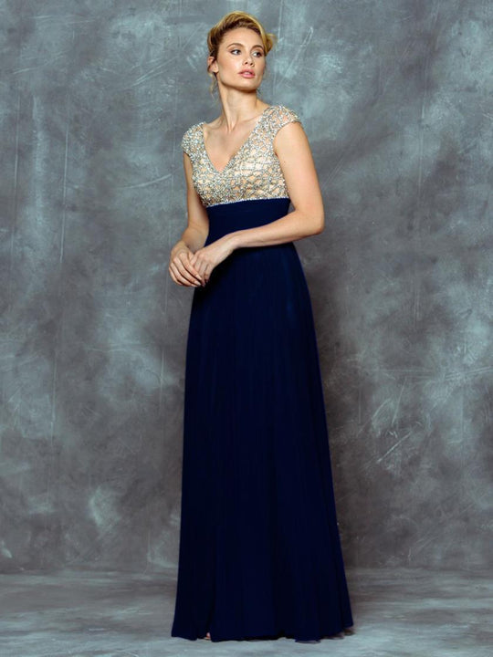 Colors Dress - 1596 Sequined V Neck Cap Sleeves Long Dress in Blue