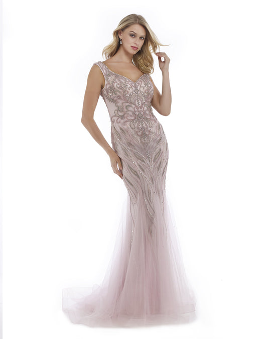 Morrell Maxie - 15976 Metallic Beaded Godet Streamed Gown in Pink