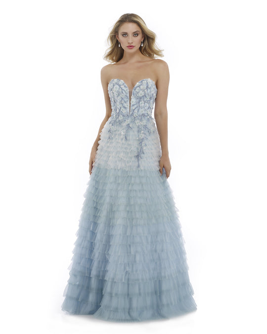 Morrell Maxie - 15979 Strapless Floral Appliqued Ruffled Gown in Blue