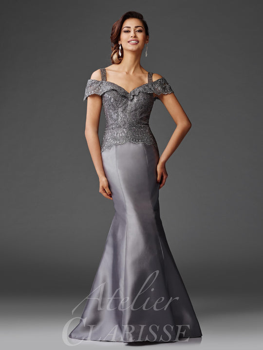 Clarisse - M6420 Beaded Lace V-neck Mikado Mermaid Dress In Gray