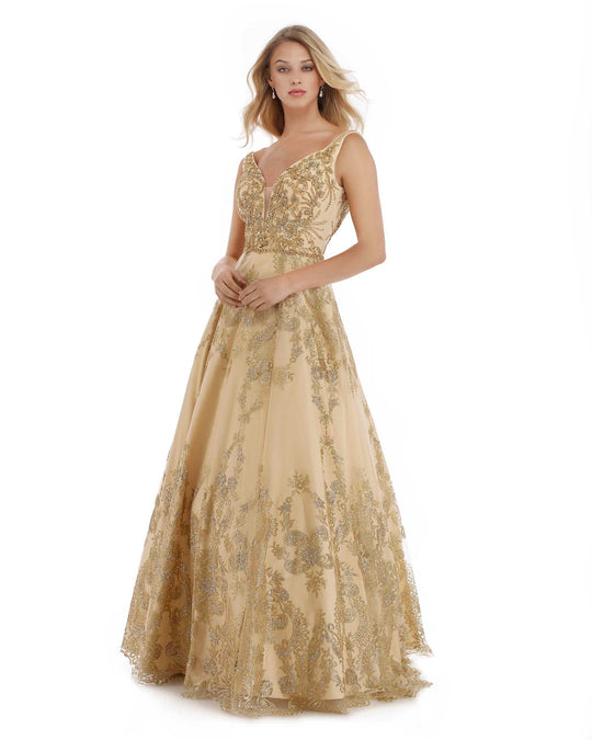 Morrell Maxie - 15983 Embellished Deep V-neck A-line Dress in Gold