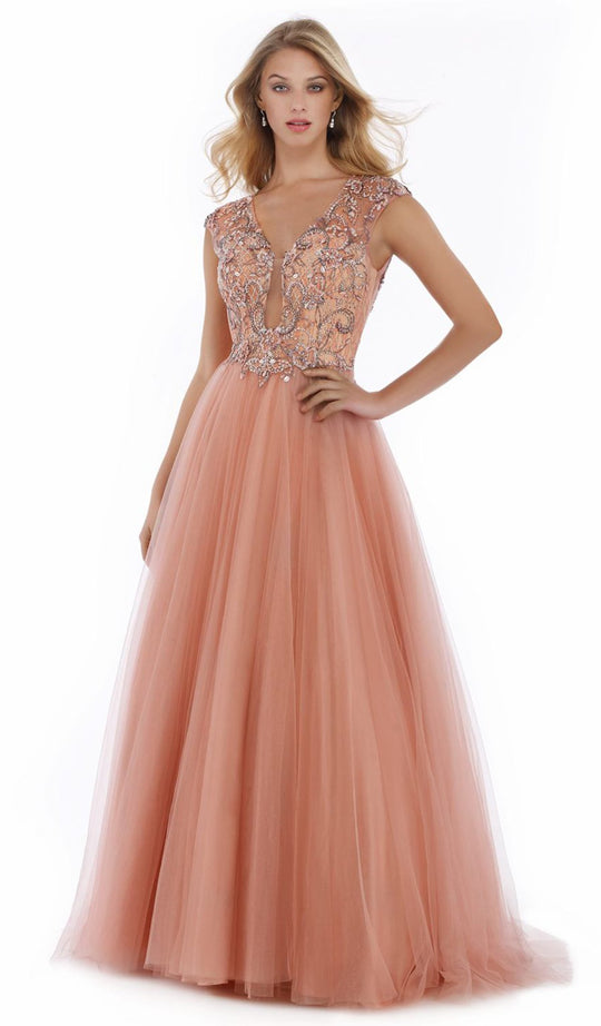 Morrell Maxie - 15984 Plunge Notched Cap Sleeve Beaded Lace Gown