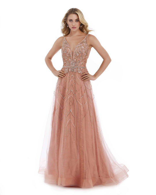 Morrell Maxie - 15985 Plunging Sweetheart Beaded Bodice Tulle Gown Pink