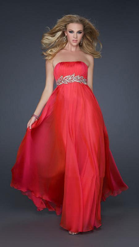 La Femme - 15986 Gold Leafy Accent Strapless Empire Gown In Red and Gold