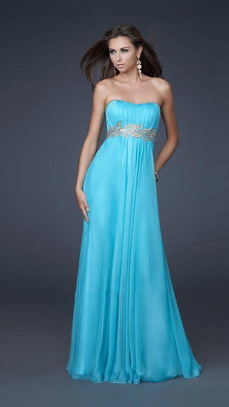 La Femme - 15986 Strapless Empire Gown with Gold Leafy Waistband in Blue and Gold