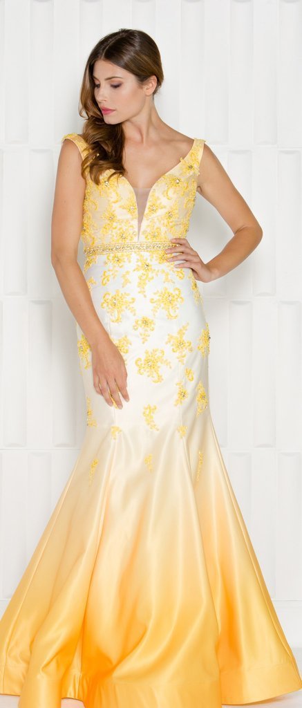 Colors Dress - 1598 Floral Ombre Satin Evening Dress in Yellow