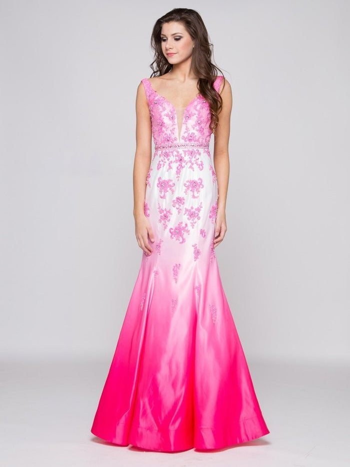 Colors Dress - 1598 Floral Ombre Satin Evening Dress in Pink