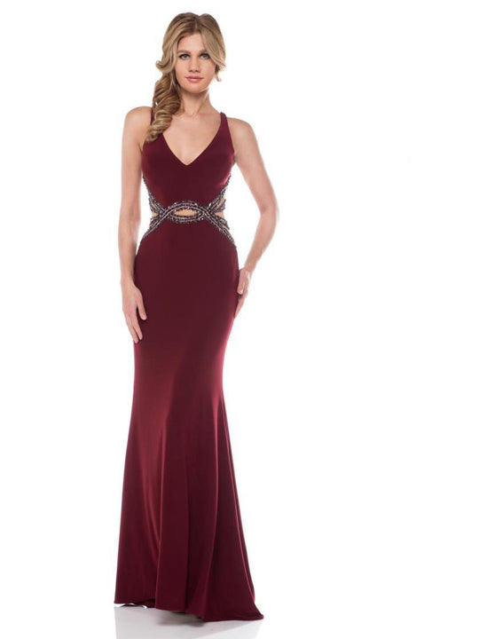 Colors Dress - 1599 Sleeveless V Neck Long Dress with Beaded Waist in Red