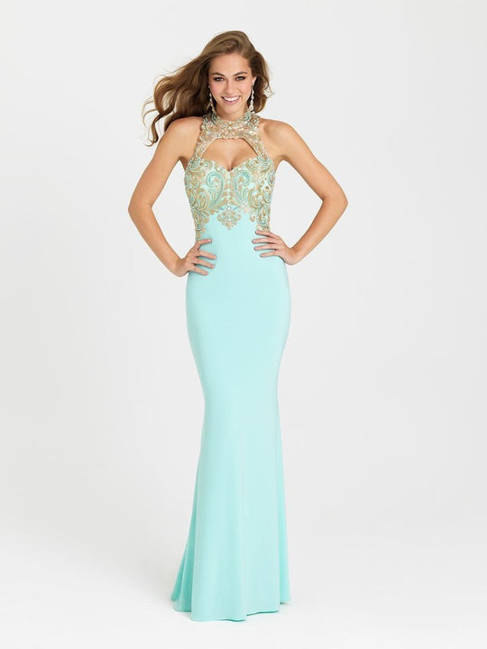 Madison James Embroidered High Neck Fitted Gown 16-396 In Blue