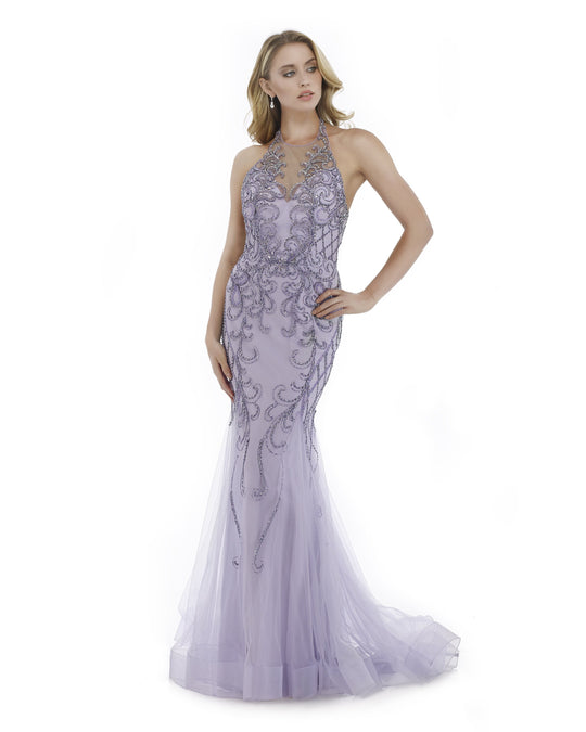 Morrell Maxie - 16003 Illusion Halter Neck Beaded Mermaid Gown in Purple