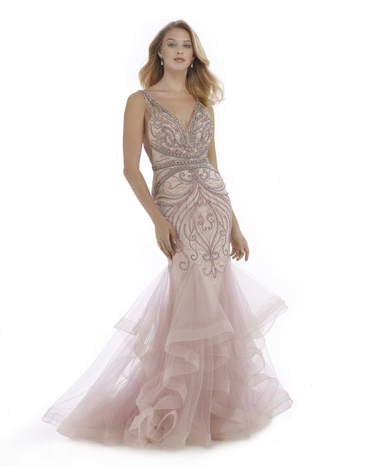 Morrell Maxie - 16007 Embellished Plunging V-neck Tulle Mermaid Dress in Pink