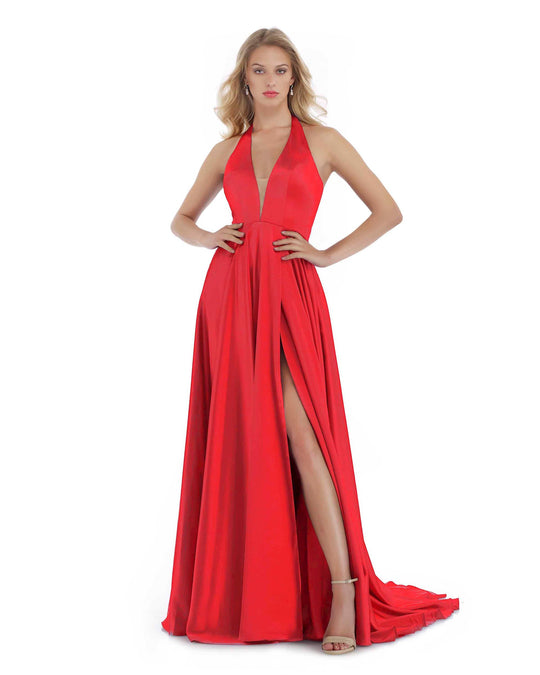 Morrell Maxie - 16016 Deep Halter V-neck Satin Charmeuse A-line Dress in Red