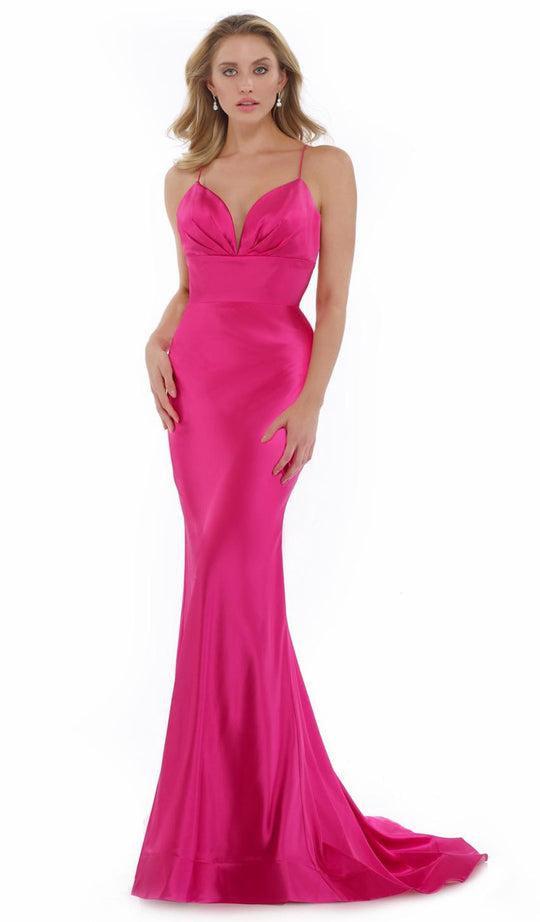 Morrell Maxie - 16020 Deep V-neck Satin Charmeuse Mermaid Dress in Pink