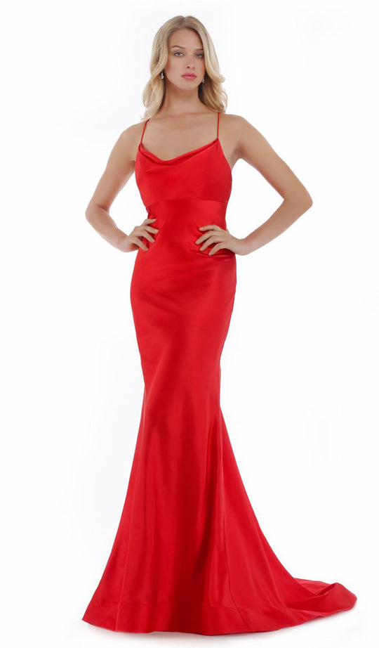 Morrell Maxie - 16021 Draped Neckline Satin Charmeuse Formal Dress in Red
