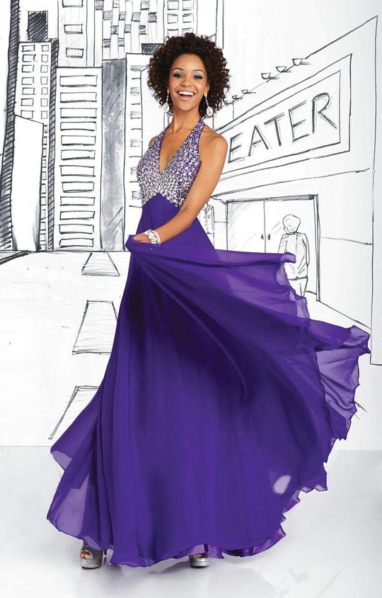 Tiffany Homecoming - 16026 Beaded Haltered Silky Chiffon Gown In Purple