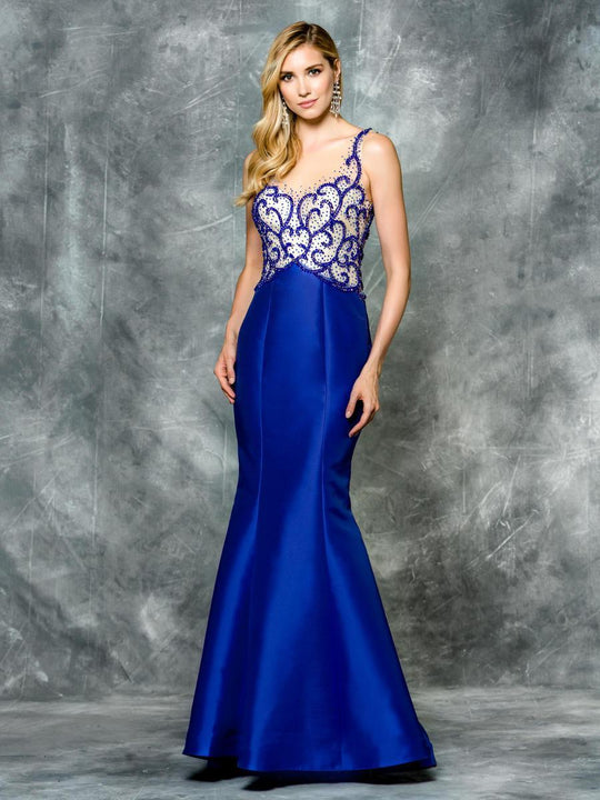 Colors Dress - 1602 Bejeweled V-neck Mermaid Dress in Blue