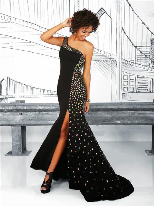 Tiffany Homecoming - 16036 Embellished Asymmetric Trumpet Dress In Black and Multi-Color