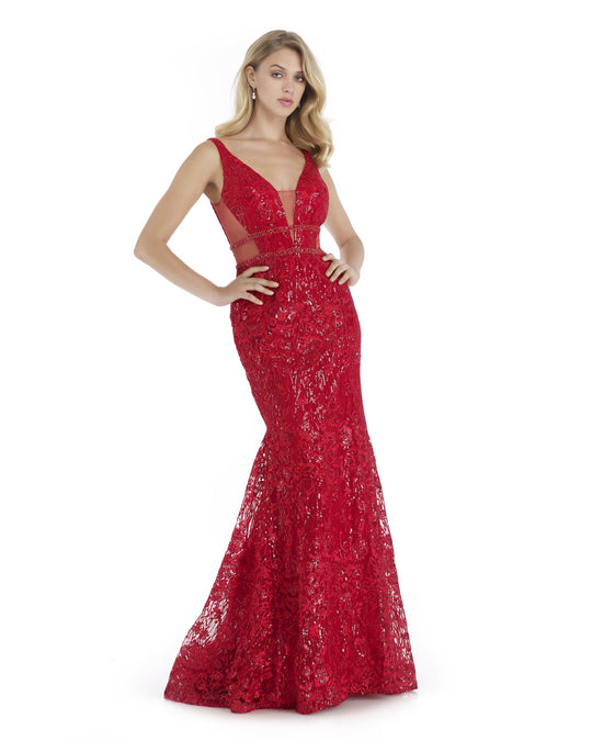 Morrell Maxie - 16037 Plunging V-Neck Lace Embroidered Mermaid Gown In Red