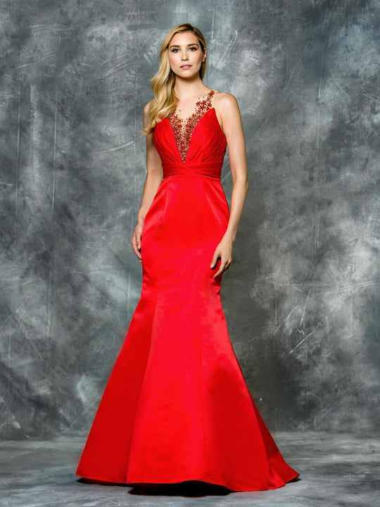 Colors Dress - 1603 Ruched Illusion Evening Gown in Red