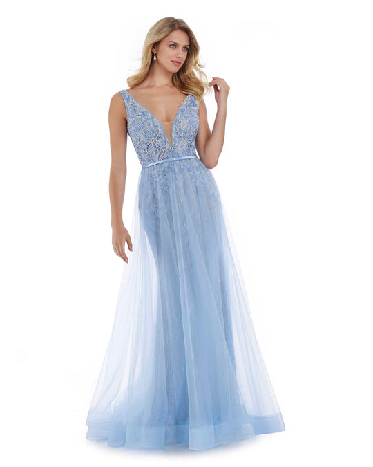 Morrell Maxie - 16040 Lace Embroidered Deep V-neck Tulle Trumpet Dress in Blue