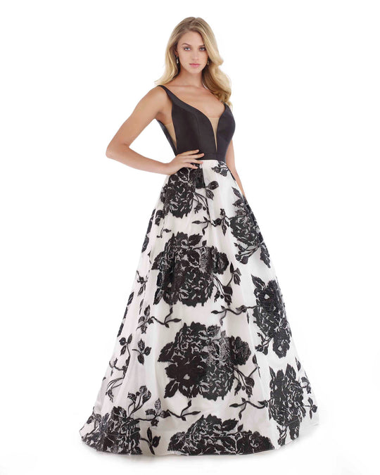 Morrell Maxie - 16043 Mikado Deep V-neck Brocade A-line Dress in Black