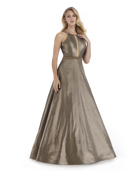 Morrell Maxie - 16044 Embellished Halter Shimmer Mikado A-line Dress in Brown