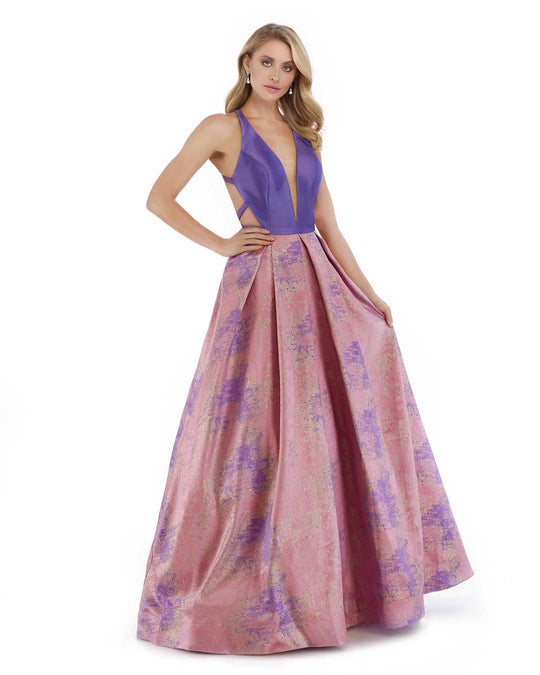 Morrell Maxie - 16046 V-neck Mikado Metallic Jacquard Print Ballgown in Purple and Gold