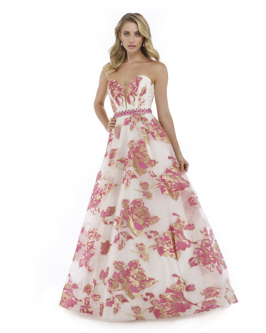 Morrell Maxie - 16049 Strapless Deep Sweetheart Brocade A-line Dress in Pink and Gold