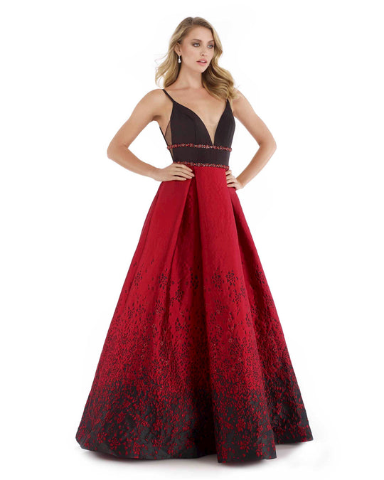 Morrell Maxie - 16050 Two Tone Embellished Brocade Print A-line Dress in Black and Red