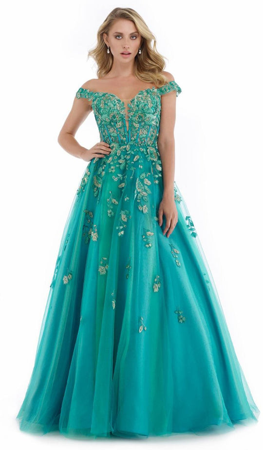 Morrell Maxie - 16051 Plunging Off Shoulder Appliqued Corset Gown in Green