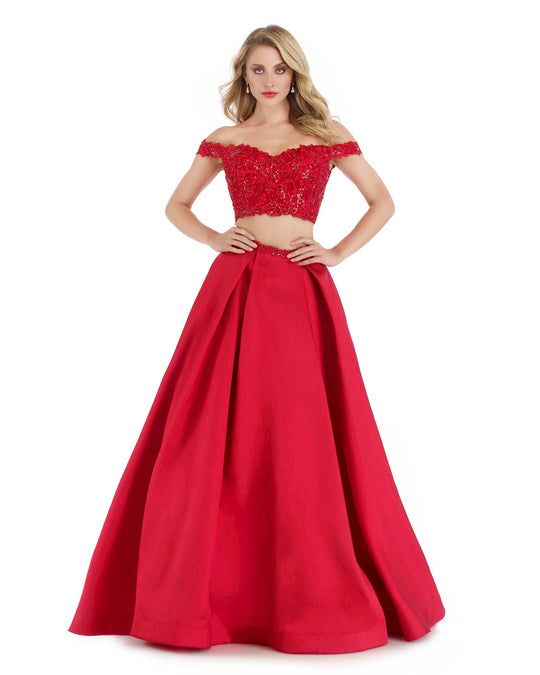 Morrell Maxie - 16052 Two-Piece Beaded Lace Long A-Line Gown in Red