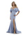 Morrell Maxie - 16060 Cold Shoulders Ruffle Drape Scuba Mermaid Gown in Blue