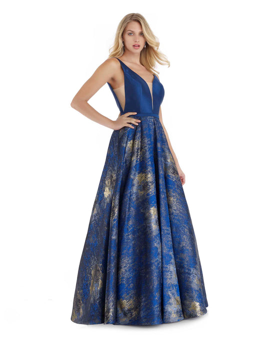Morrell Maxie - 16067 Deep V-neck Metallic Jacquard A-line Dress in Blue