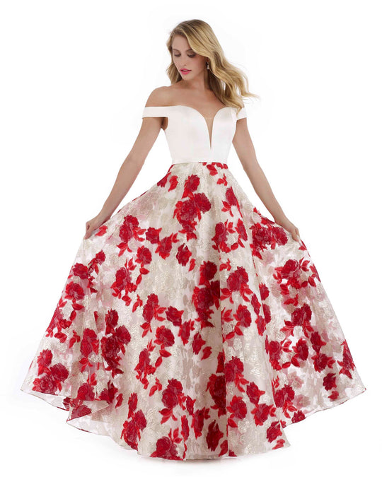 Morrell Maxie - 16074 Plunging Off Shoulder Blossom Print Gown in White and Red
