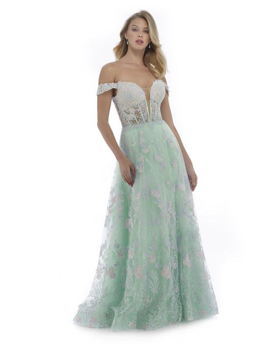 Morrell Maxie - 16085 Floral Appliques Off-Shoulder A-Line Gown in Green