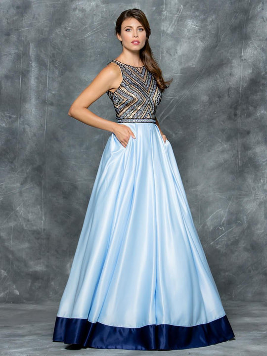 Colors Dress - 1608 Beaded Sleeveless Satin Evening Gown in Blue