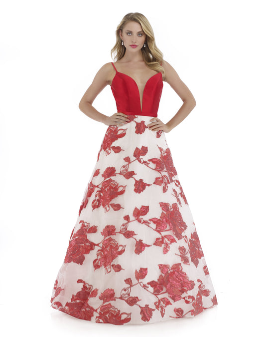 Morrell Maxie - 16090 Mikado Deep V-neck Brocade A-line Dress in Red and White