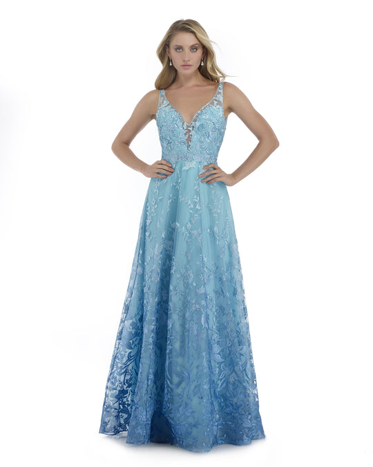 Morrell Maxie - 16092 Ombre Embroidered V-neck A-line Dress in Blue