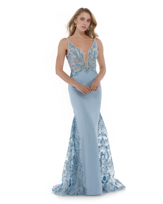 Morrell Maxie - 16098 Embroidered Deep V-neck Mermaid Dress in Blue