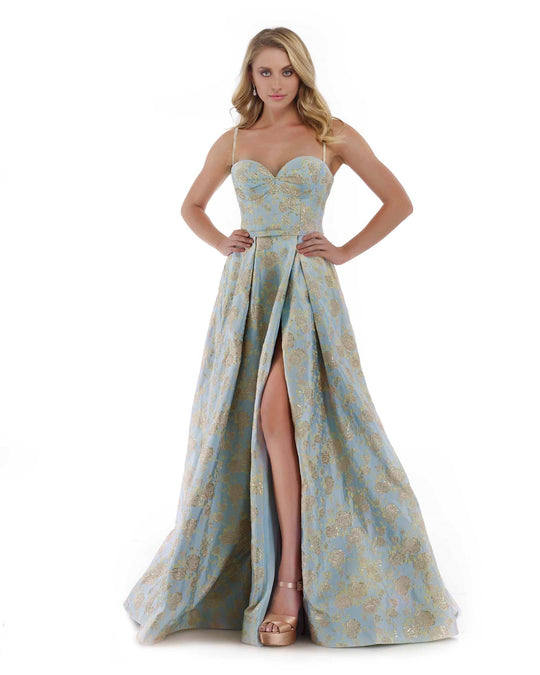 Morrell Maxie - 16100 Floral Brocade A-Line Overlap Slit Gown in Blue and Multi