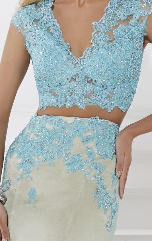 Tiffany Homecoming - Charming Laced V-neck Trumpet Dress 16103 In Blue and Neutral