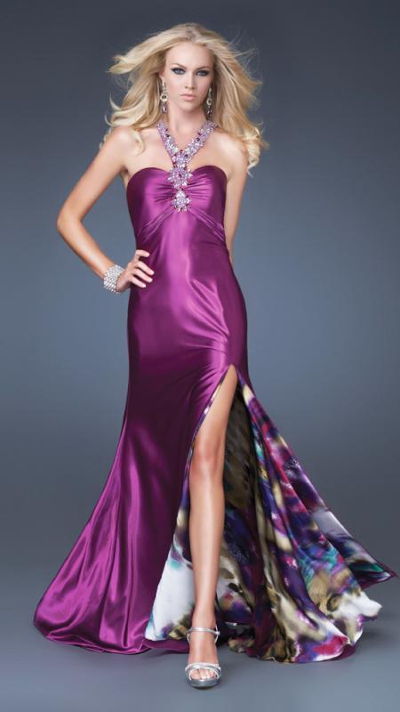 La Femme - Beaded Halter Strap Sweetheart A-line Dress 16110 in Purple