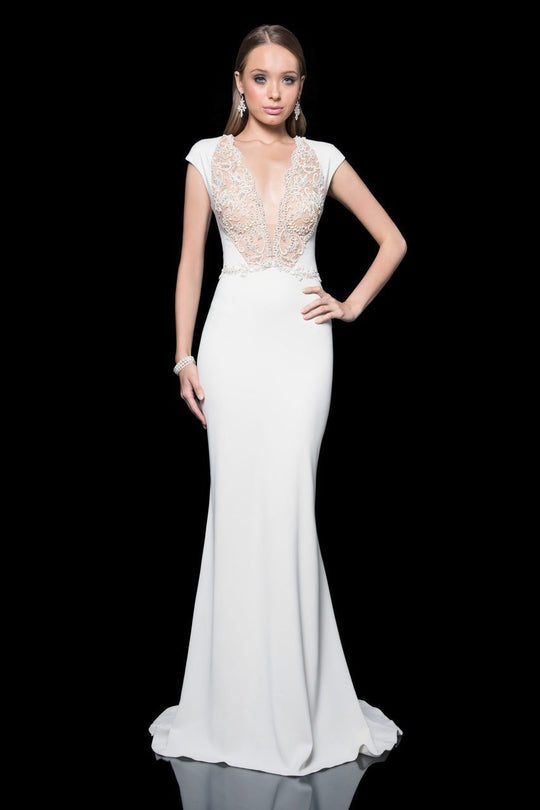 Terani Couture - 1611E0165A Bedazzled V-neck Sheath Dress in Neutral