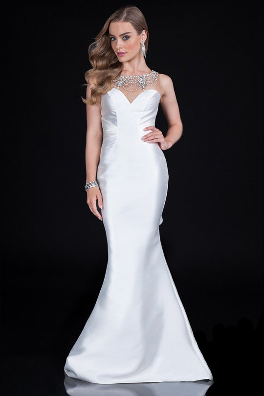 Terani Couture - Gorgeous Back Detailed Jewel Illusion Mermaid Gown In White