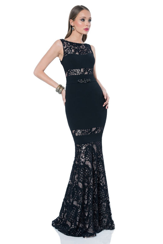 Terani Couture - 1611E0192A Lace Embellished Bateau Sheath Dress in Black