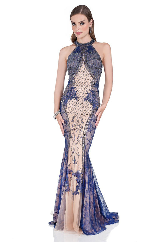 Terani Couture - Elaborately Beaded Halter Neck Long Gown 1611E0196A In Blue and Neutral