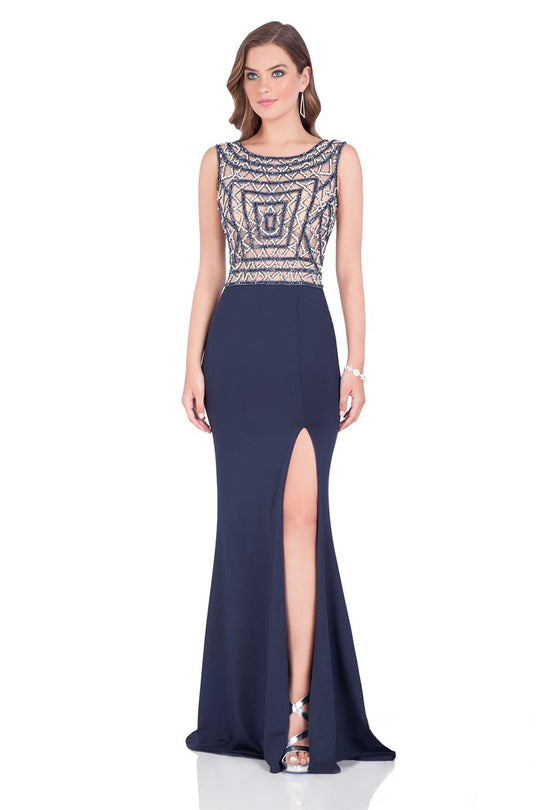 Terani Couture - 1611E0198A Bedazzled Portrait Sheath Dress in Blue